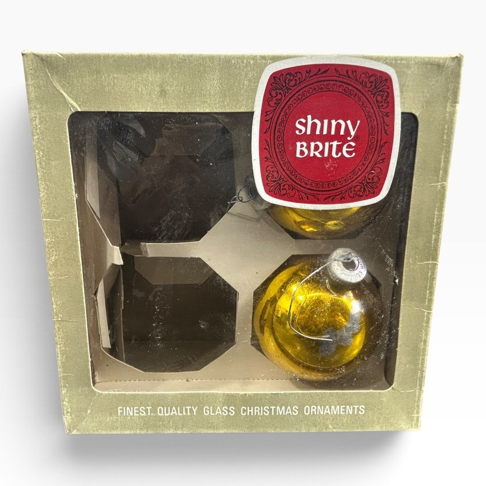 Vintage Shiny Brite Gold Glass Christmas Ornaments Set of 2 with Original Box